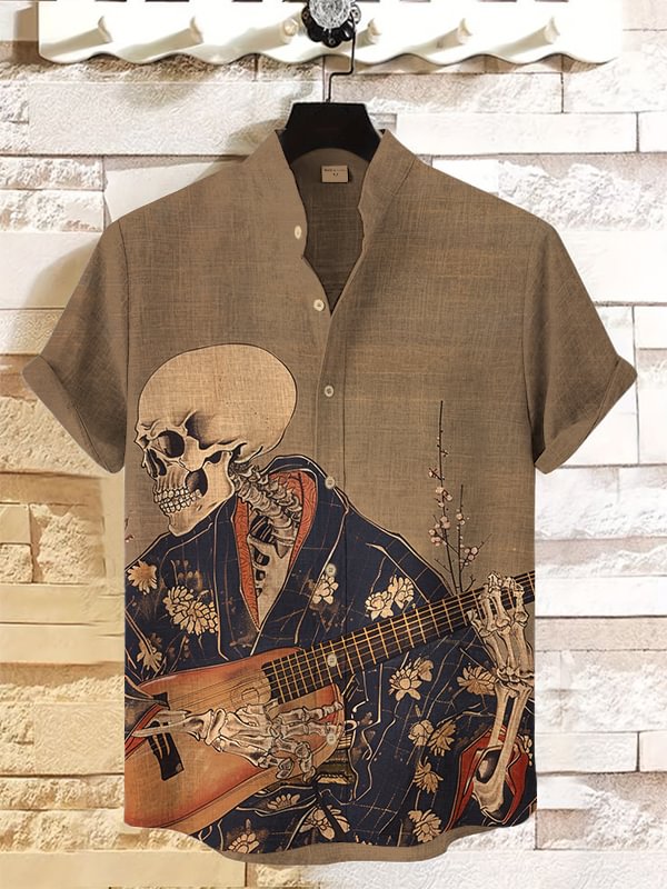 Men's Retro Japanese Art Painting Of Skull Playing Guitar Print Linen Blend Shirt