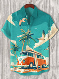 Men's Vacation Style Seaside Bus Birds Cat Illustration Print Casual Shirt