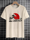 Men's Japanese Rough Seas Sunset Graphic Print Cotton Casual T-Shirt