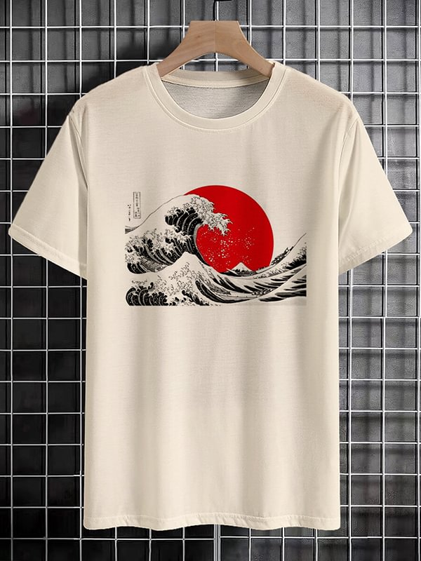 Men's Japanese Rough Seas Sunset Graphic Print Cotton Casual T-Shirt