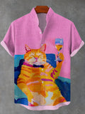 Men's Lazy Cheers Drinking Cat Oil Painting Print Pocket Linen Blend Shirt