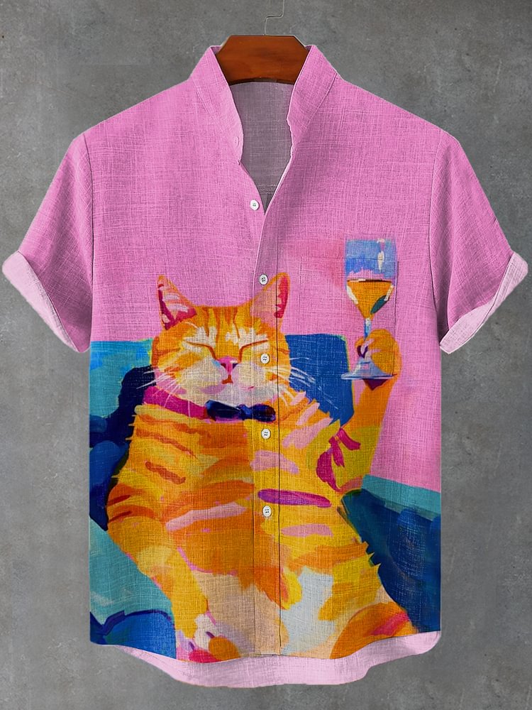 Men's Lazy Cheers Drinking Cat Oil Painting Print Pocket Linen Blend Shirt