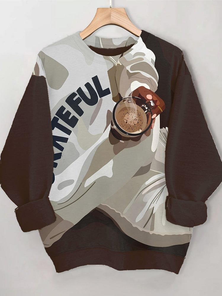 Women's Colorblock Coffee Slogan Grateful Art Print Casual Sweatshirt