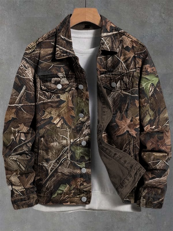 Men's Vintage Leaf  Nature Art Print Denim-Like Long Sleeve Shirt