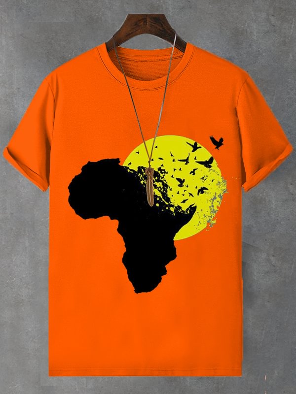 Men's Birds African Map Illustration Print Cotton Casual T-Shirt