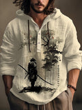 Men's Retro Japanese Samurai Ink Painting Print Hooded Shirt