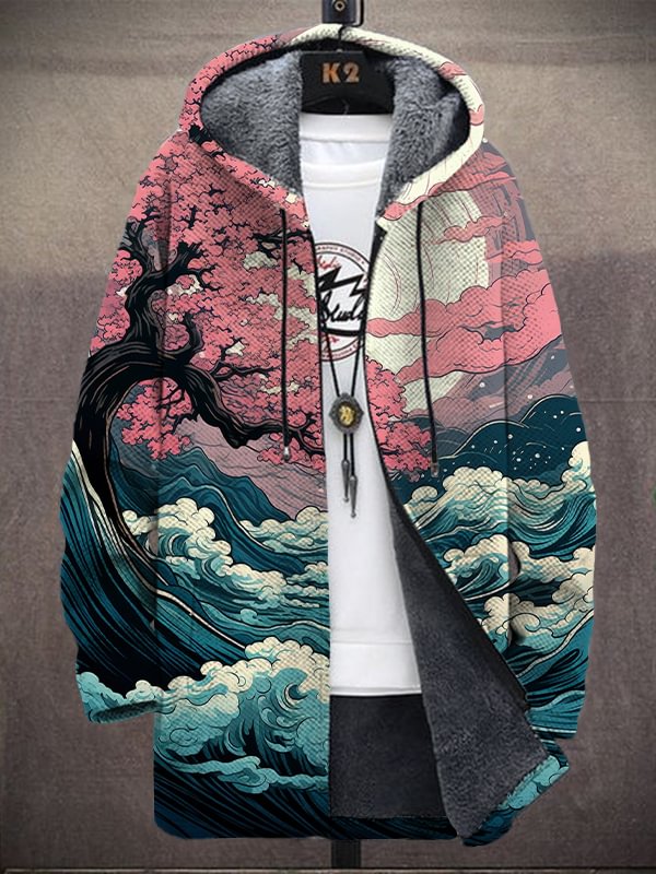 Men's Cherry Trees And Waves In The Moonlight Japan Art Print Hooded Trench Coat