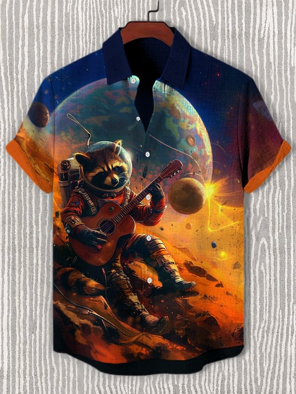 Men's Astronaut Raccoon Playing Guitar on Alien Planet Print Shirt