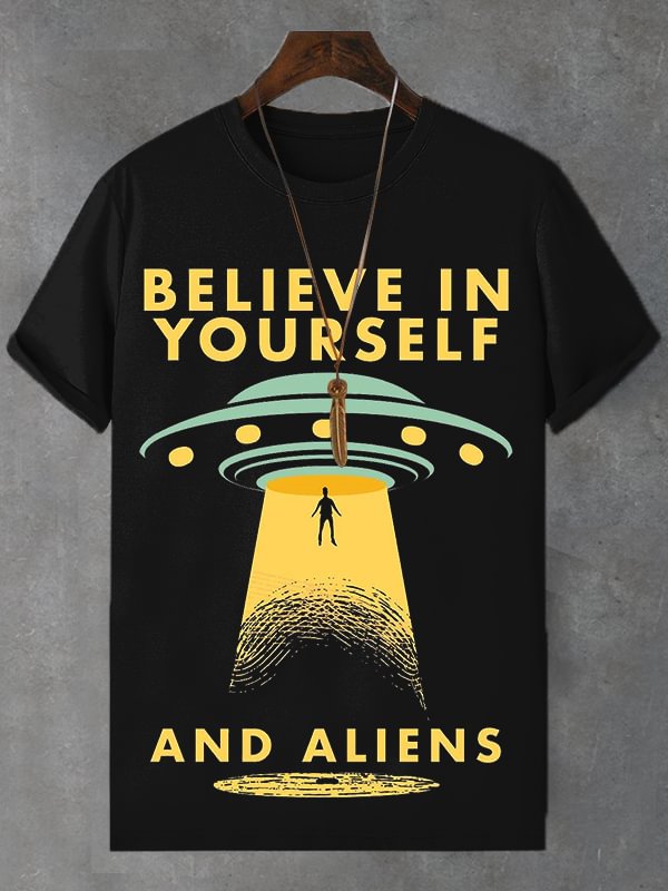 Men's UFO Aliens Believe In Yourself Print Cotton Casual T-Shirt