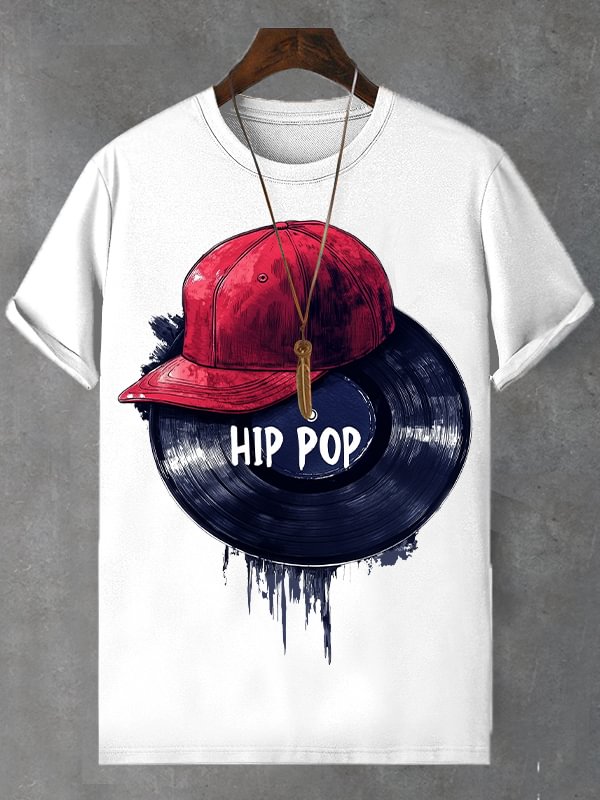 Men's Hip Pop Record Hat Print Cotton Casual T-Shirt