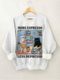 Women's More Espresso Less Depresso Cats Print Cotton Long Sleeve T-Shirt Thin Sweatshirt