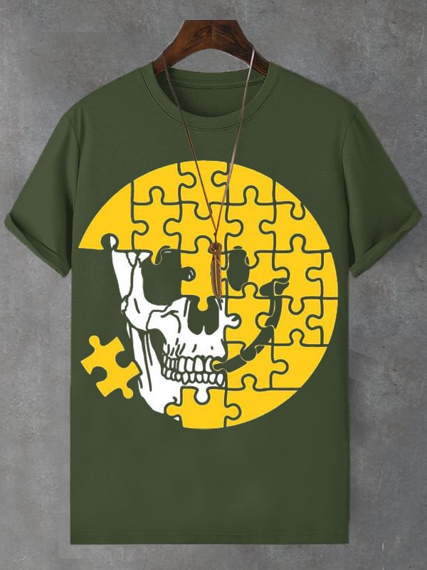 Men's Skull Smiley Face Puzzle Print Cotton Casual T-Shirt