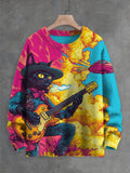 Men's Western Black Cat Plays Guitar Explodes UFO Art Print Knit Sweatshirt