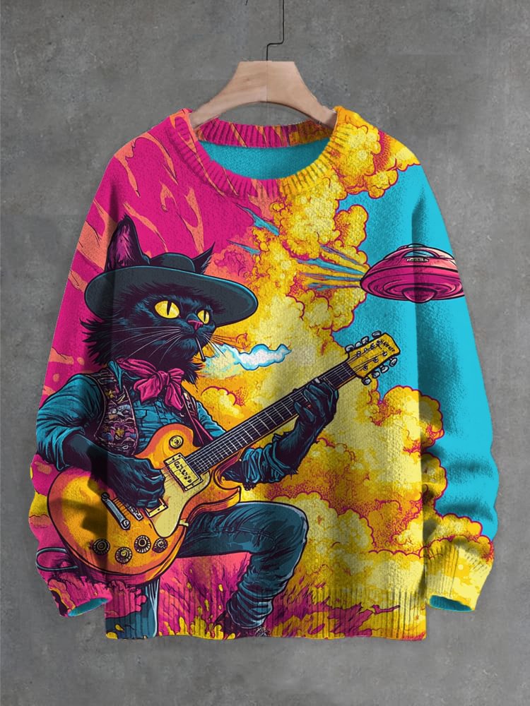 Men's Western Black Cat Plays Guitar Explodes UFO Art Print Knit Sweatshirt