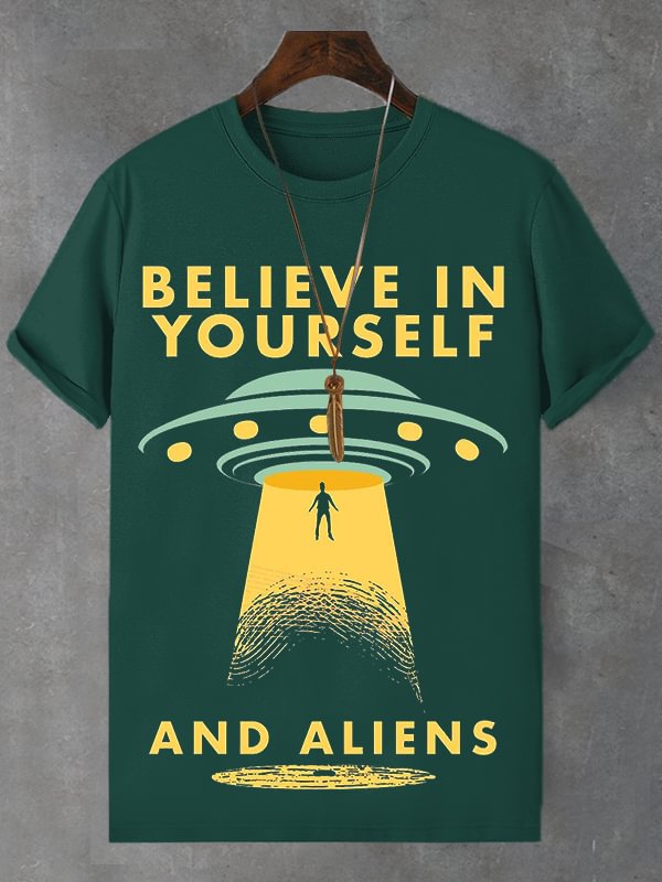 Men's UFO Aliens Believe In Yourself Print Cotton Casual T-Shirt