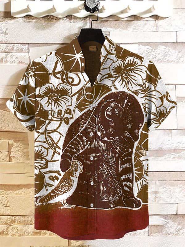 Men's Cat And Bird Floral Pattern Art Print Casual Shirt