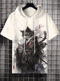 Men's Japanese Cat Kimono Samurai Ink Painting Print Hooded T-Shirt