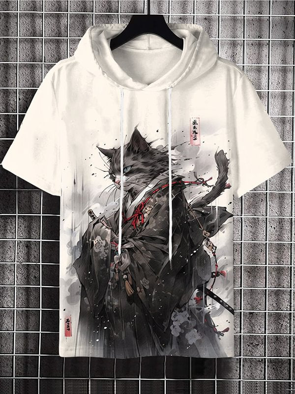 Men's Japanese Cat Kimono Samurai Ink Painting Print Hooded T-Shirt