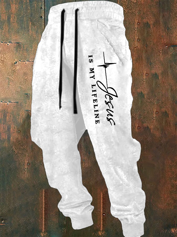 Men's Jesus Is My Lifeline Slogan Print Retro Sweatpants