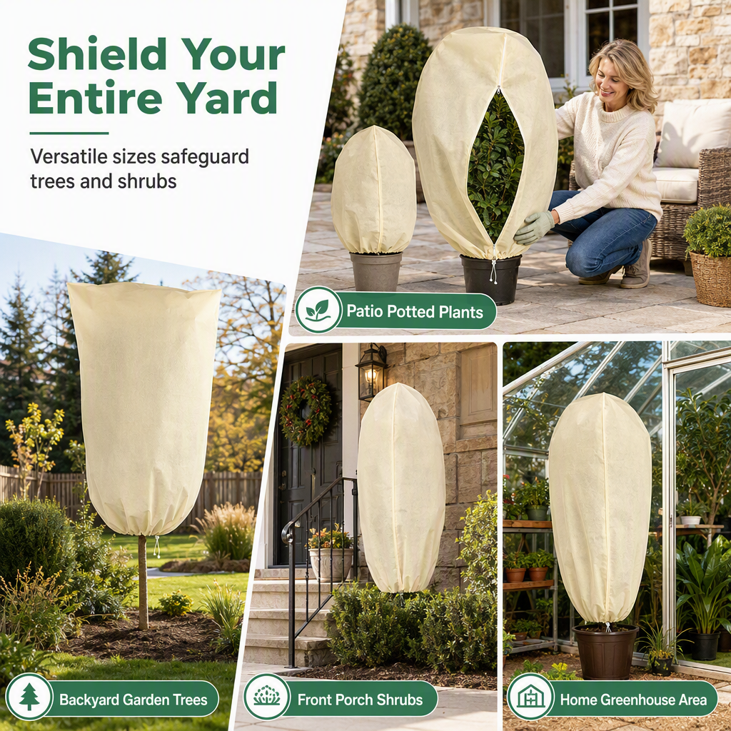 Non Woven Plant Frost Protection Cover Bag Winter Cold Protection with Drawstring and Zipper for Shrubs and Trees