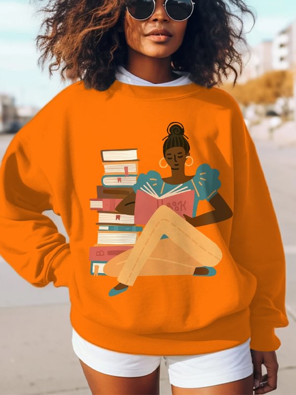Women's Girl Reading Print Cotton Long Sleeve T-Shirt Thin Sweatshirt