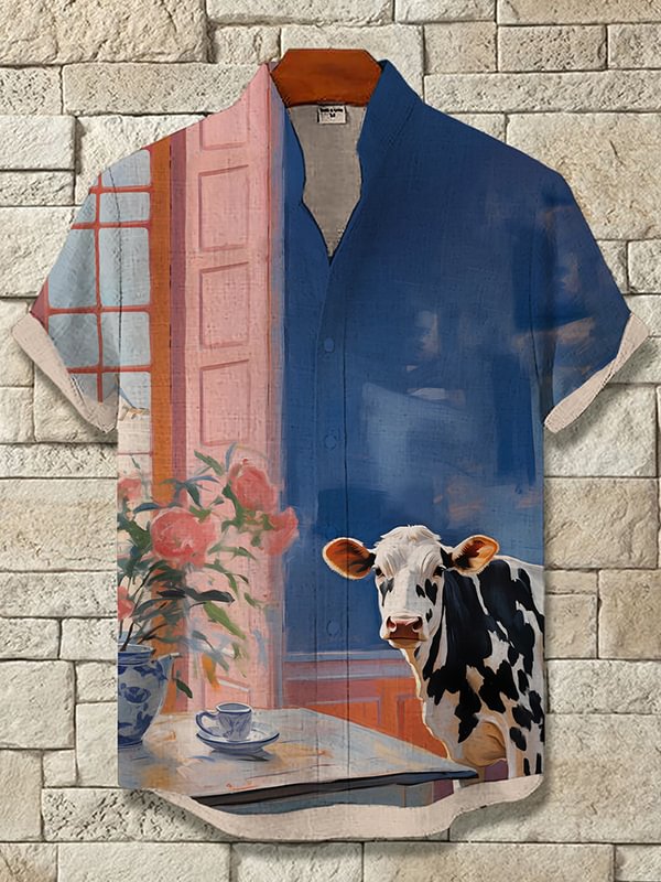 Men's Cow Window Vase View Color Block Art Print Casual Shirt