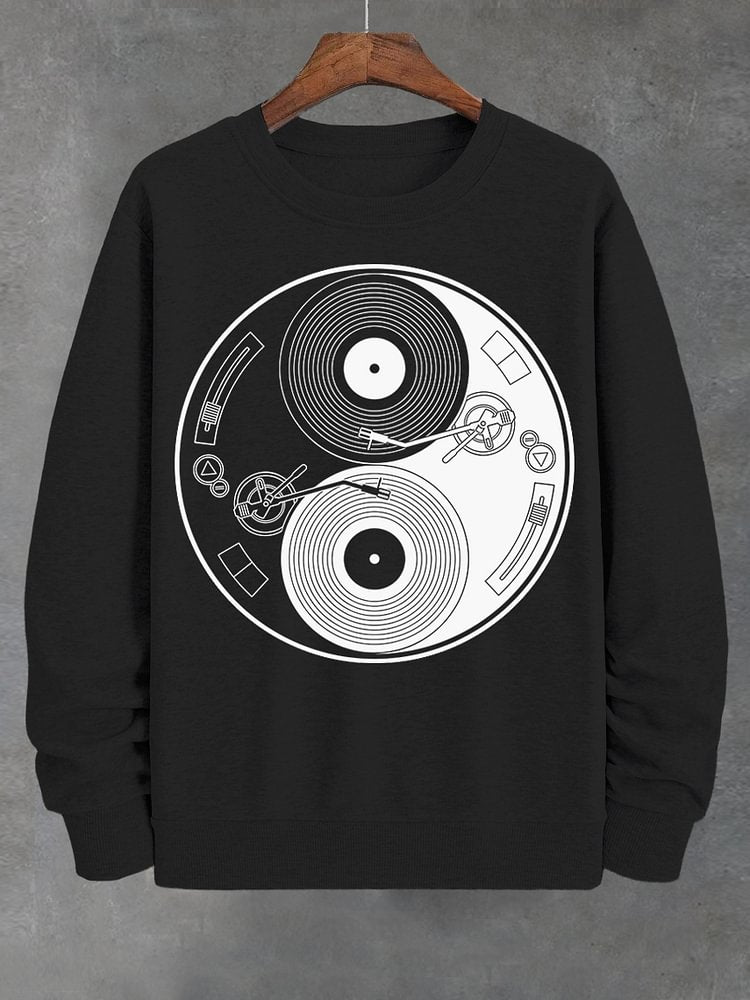 Men's Yin Yang Vinyl Record Graphic Print Cotton Casual Sweatshirt