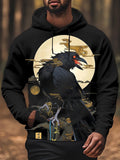 Men's Japanese Art Raven Illustration Print Casual Hoodie