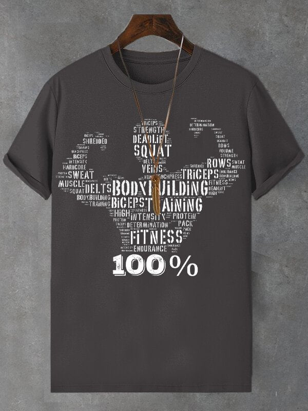 Men's Body Buiding Fitness Print Cotton Casual T-Shirt