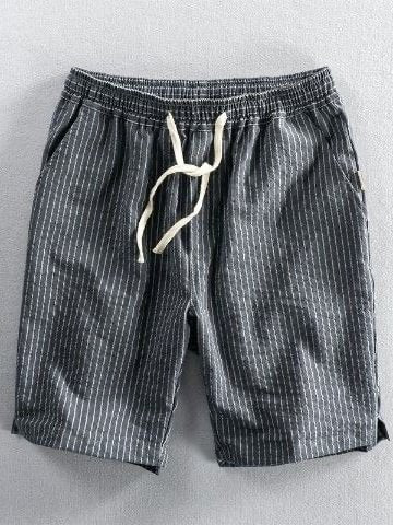 Men's Striped Cotton Linen Drawstring Loose Shorts