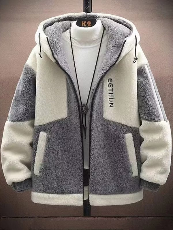 Men's Casual Colorblock Slant Pocket Hooded Zip Up Sherpa Jacket