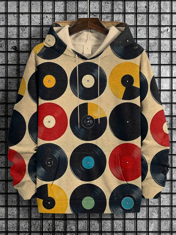 Men's Music Lovers Vintage Vinyl Print Casual Hoodie