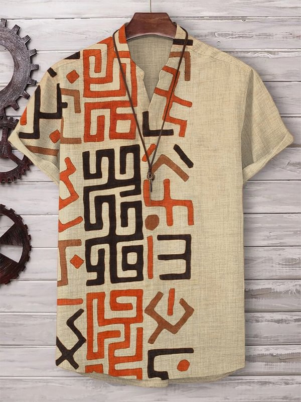 Men's African Traditional Patterns Print Short Sleeve V Neck T-Shirt
