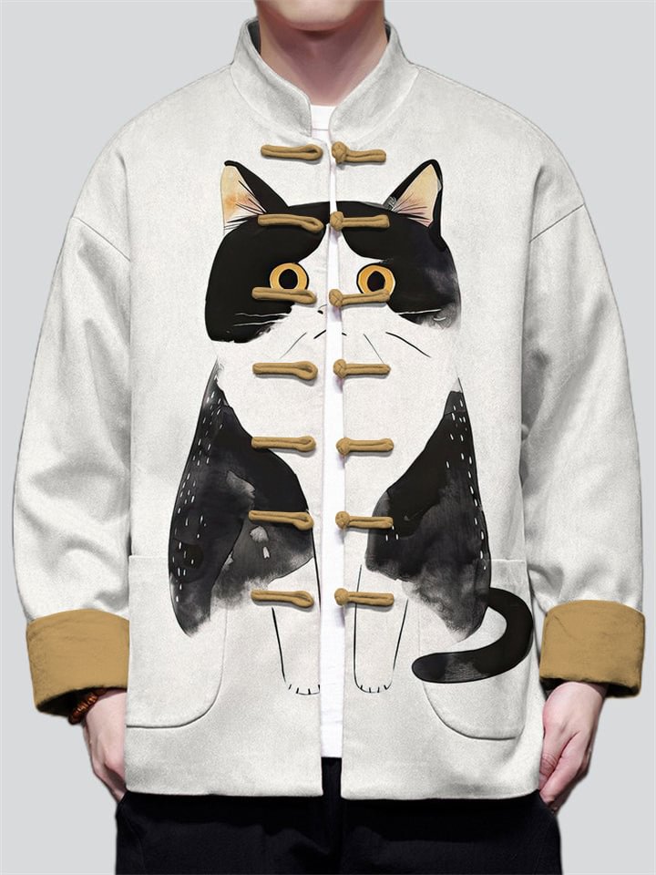 Men's Cute Cat Art Print Long Sleeve Knot Button Shirt