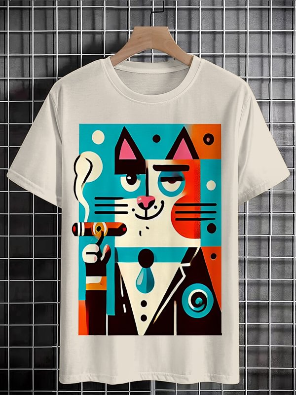 Men's Cat Smoking Cigar Art Print Cotton Casual T-Shirt