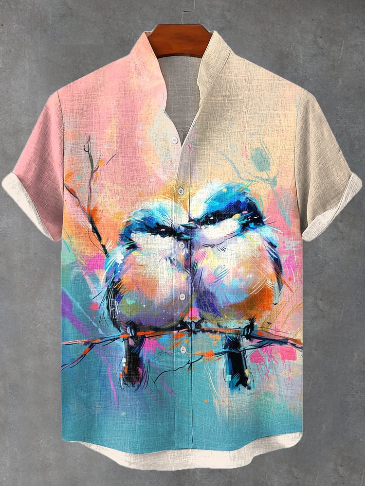 Men's Vintage Colorful Bluebird Nature Oil Painting Print Linen Blend Shirt