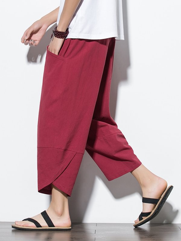 Men's Casual Pocket Drawstring Waist Wrapped Cuff Cotton Linen Crop Harem Pants