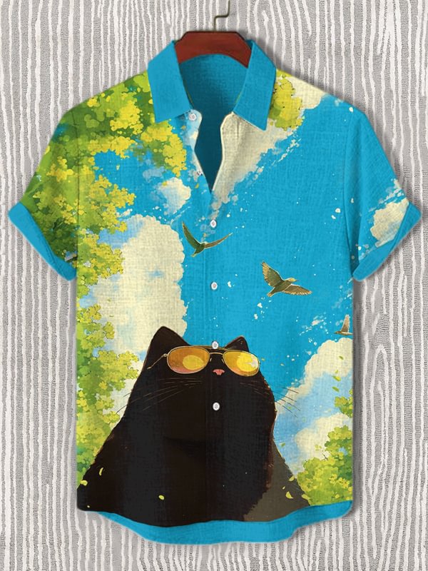 Men's Summer Sunglasses Black Cat Birds Soaring Art Print Short Sleeve Shirt