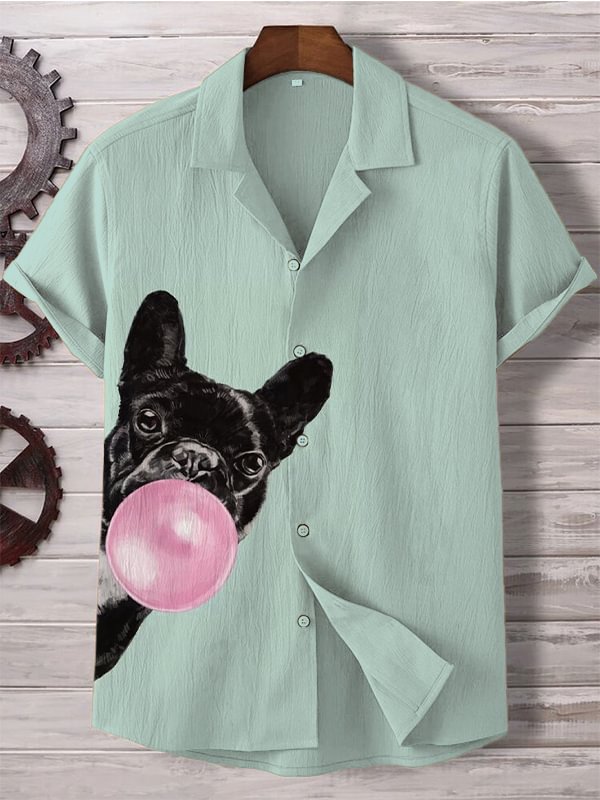 Men's Fun Bubblegum French Bulldog Print Linen Blend Shirt