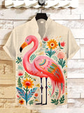 Men's Flamingo Flower Art Print Linen Blend Shirt