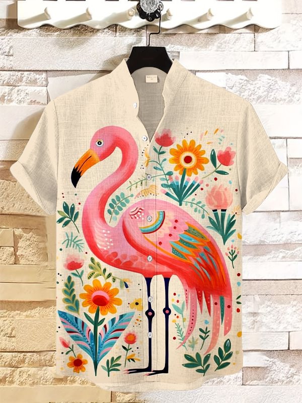 Men's Flamingo Flower Art Print Linen Blend Shirt