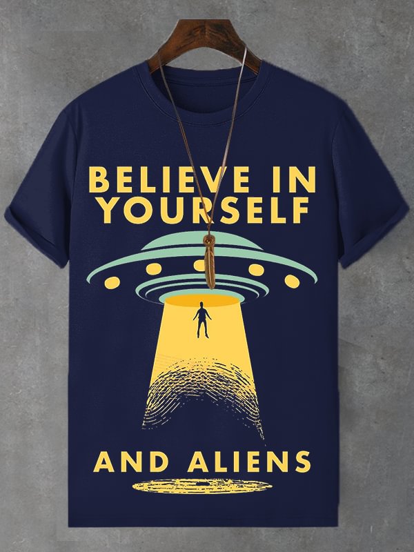 Men's UFO Aliens Believe In Yourself Print Cotton Casual T-Shirt