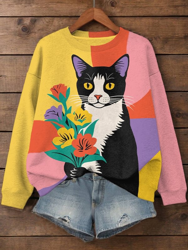 Women's Cat with Flowers Geometric Color Block Art Print Casual Sweatshirt