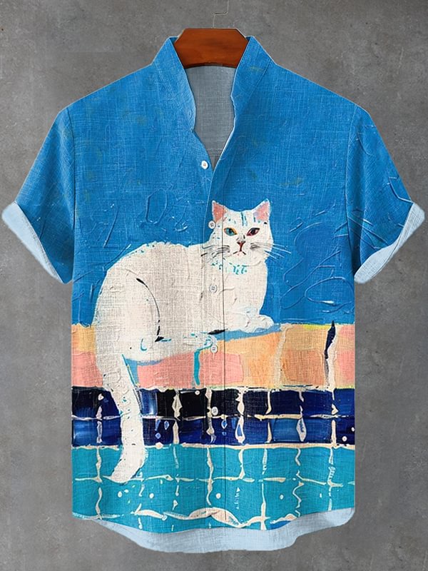Men's Swimming Pool White Cat Oil Painting Print Linen Blend Shirt