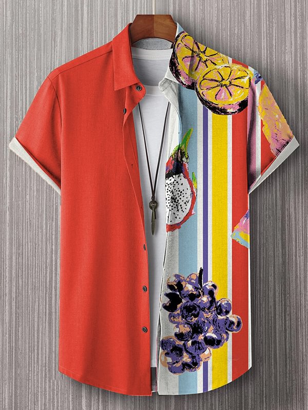 Men's Summer Fruit Striped Color Block Art Print Casual Shirt