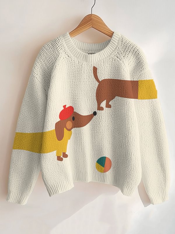 Women's Dachshund Cartoon Art Print Knit Sweatshirt