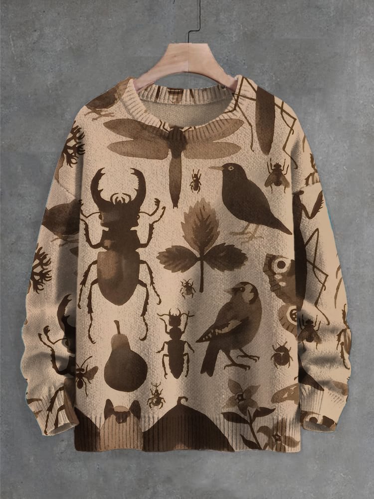 Men's Insects Birds Plants Flowers Art Print Knit Sweatshirt