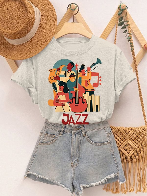 Women's Retro Instrumental Music Playing Jazz Print Cotton Casual T-Shirt