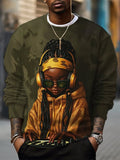 Men's Hip Hop Black Girl DJ Art Painting Print Casual Sweatshirt