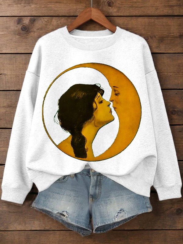 Women's Woman Kissing Moon Art Print Cotton Long Sleeve T-Shirt Thin Sweatshirt